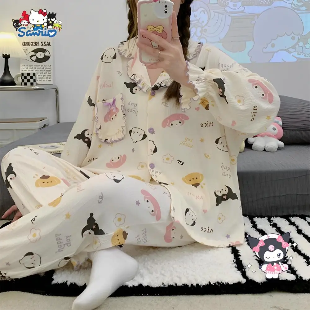 

Kawaii Sanrio Pachacco Kuromi Pajamas Cinnamoroll Autumn Cotton Cloth Long Sleeved Nightdress Cute Giris Household Clothes Gift