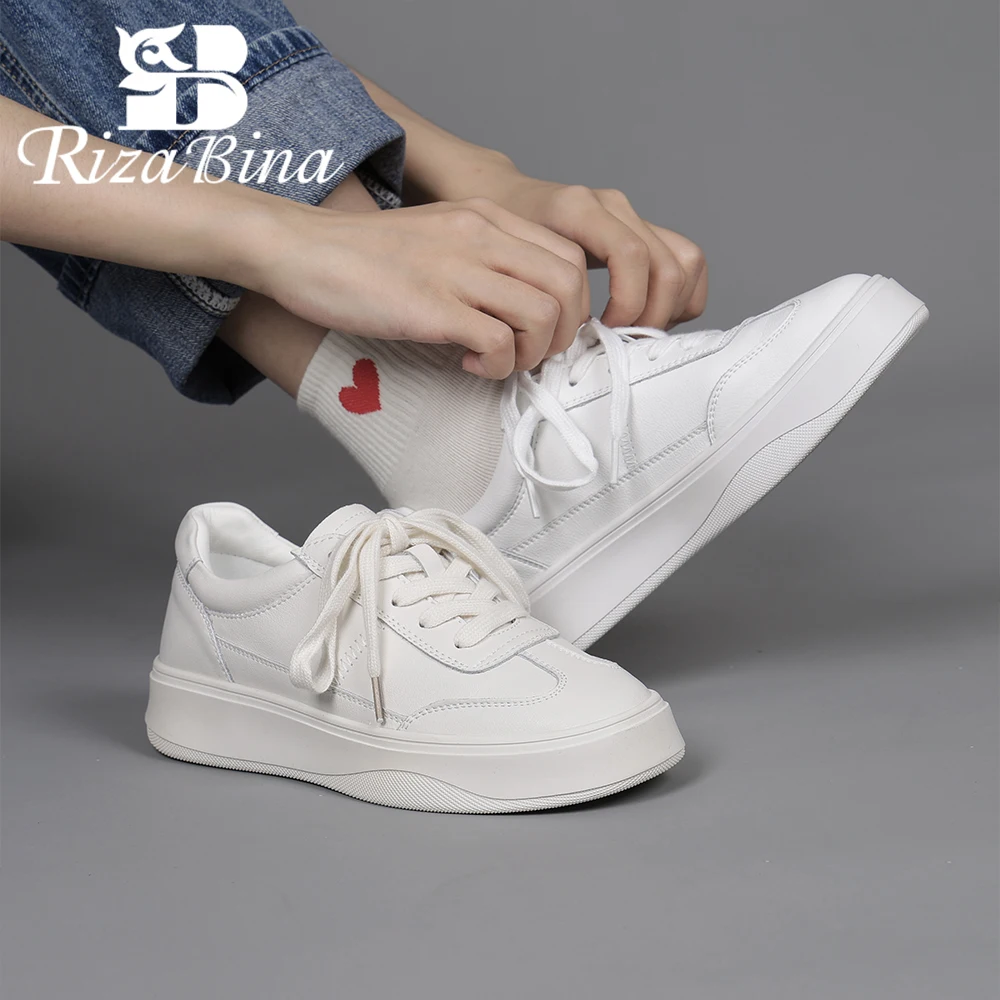 

RIZABINA Women's Sneakers Genuine Leather Cross Strap Flats Shoes Ladies Casual Round Toe Non-slip Platform Sole Shoes Handmade