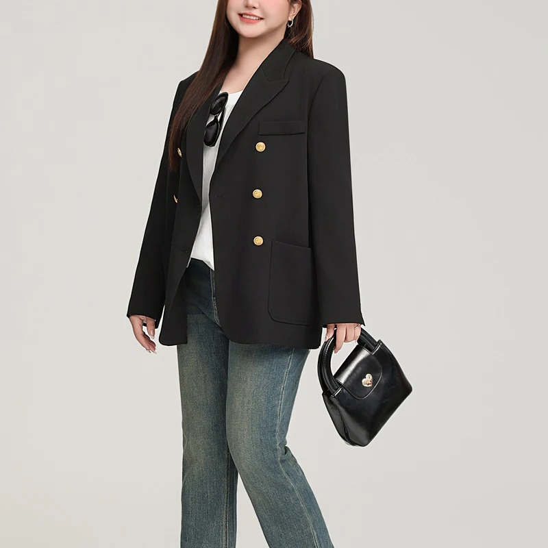 Plus Size OL Blazer 2025 Autumn French Commuter Premium Wide Shoulder Gold Buckle Business Women Suit Coat