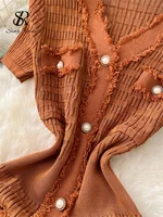 SINGREINY High Quality Elastic Knitted Long Sundress Women Short Sleeves Button Design Office Lady Vintage Split Slim Dress - Image 6