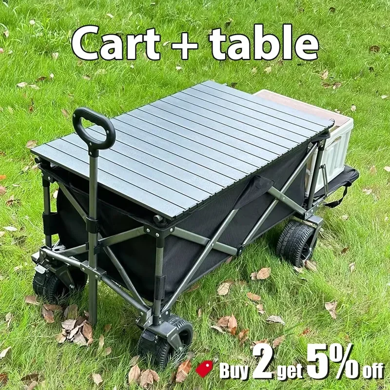 Pull Rod Rear Wagon Cart With Table Lifting Trolley Foldable Cart Hand Pushing Outdoor Camping Picnic Trolley Trailer