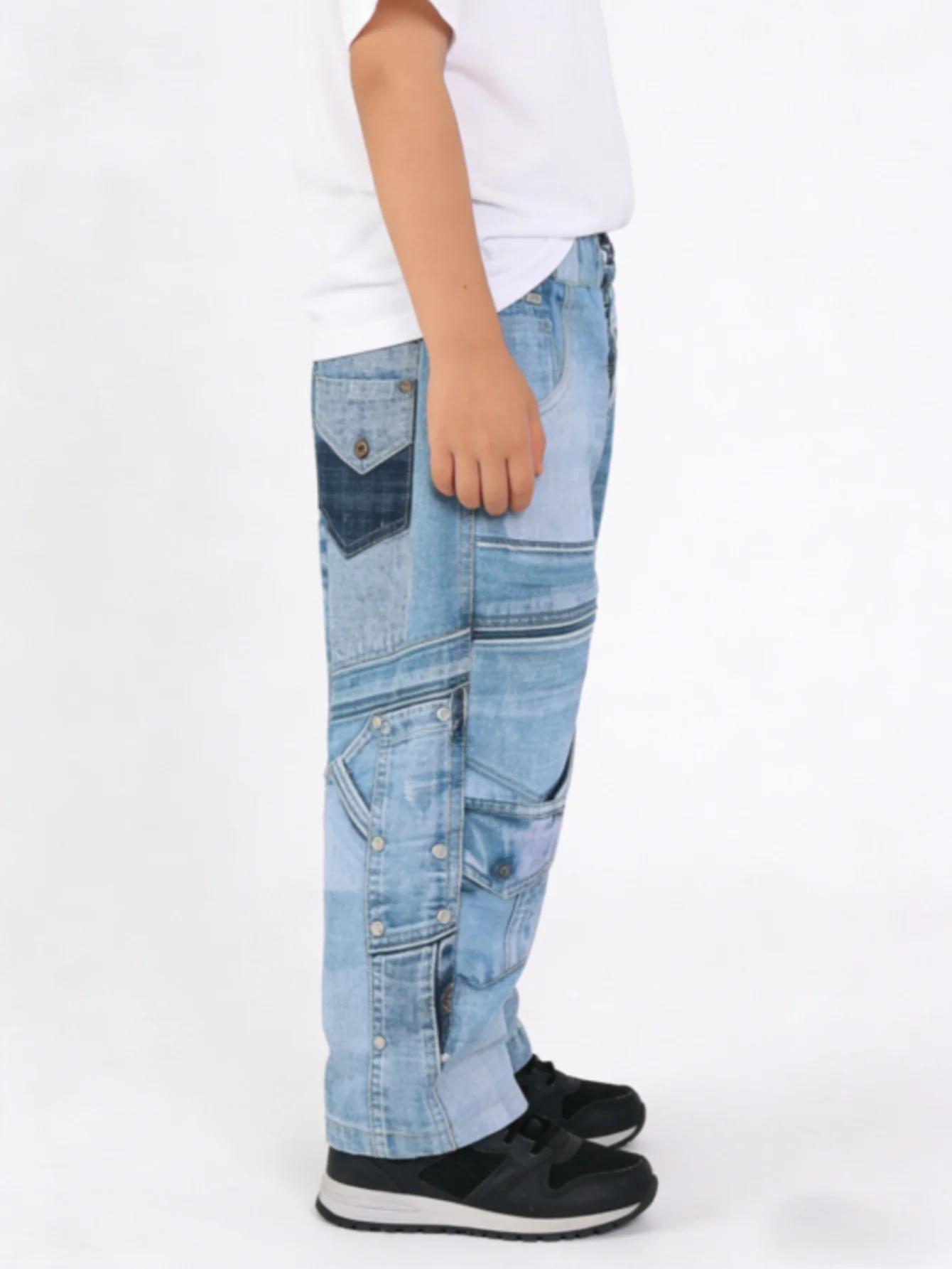 소년 패치워크 프린트 데님 청바지 키즈 라이트 블루 루즈핏 배기 팬츠 아동용 신축성 허리 스트리트웨어 바지 2026 신상품