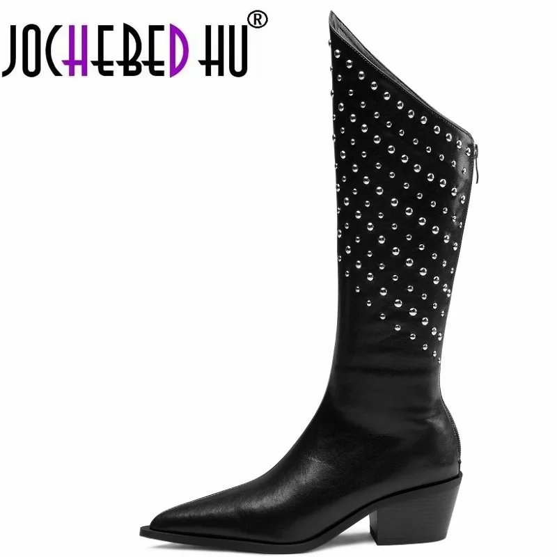 

【JOCHEBED HU】Fashion Knee High Women Boots New High Quality V Mouth Real Leather Straight Boots Daily Commuter Winter Long Boots