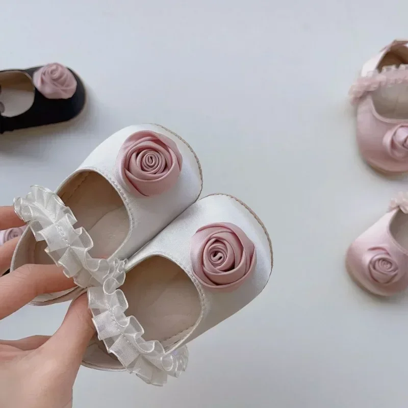 0-2Years Spring New Girl Cute Lace Walking Shoes Korean Anti Slip Breathable Soft Sole Satin Rose Ballet Style Princess Shoes 3