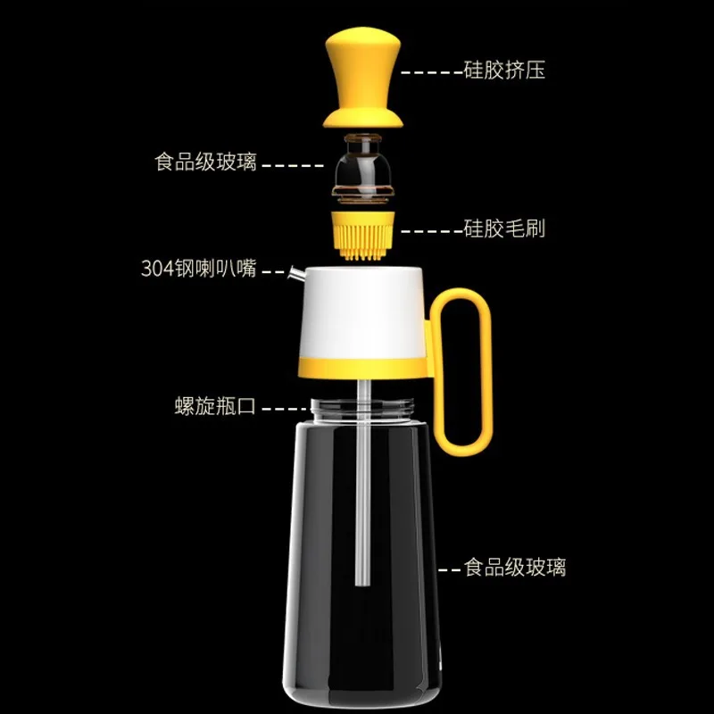 Kitchen multifunctional oil bottle with barbecue brush, food grade silicone oil brush head, household glass leak proof pot