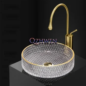 อ่างล้างหน้าแบบวางบนเคาน์เตอร์ทรงกลม ขอบทอง ทำจากกระจกนิรภัยใส พร้อมชุดก๊อกน้ำ 1