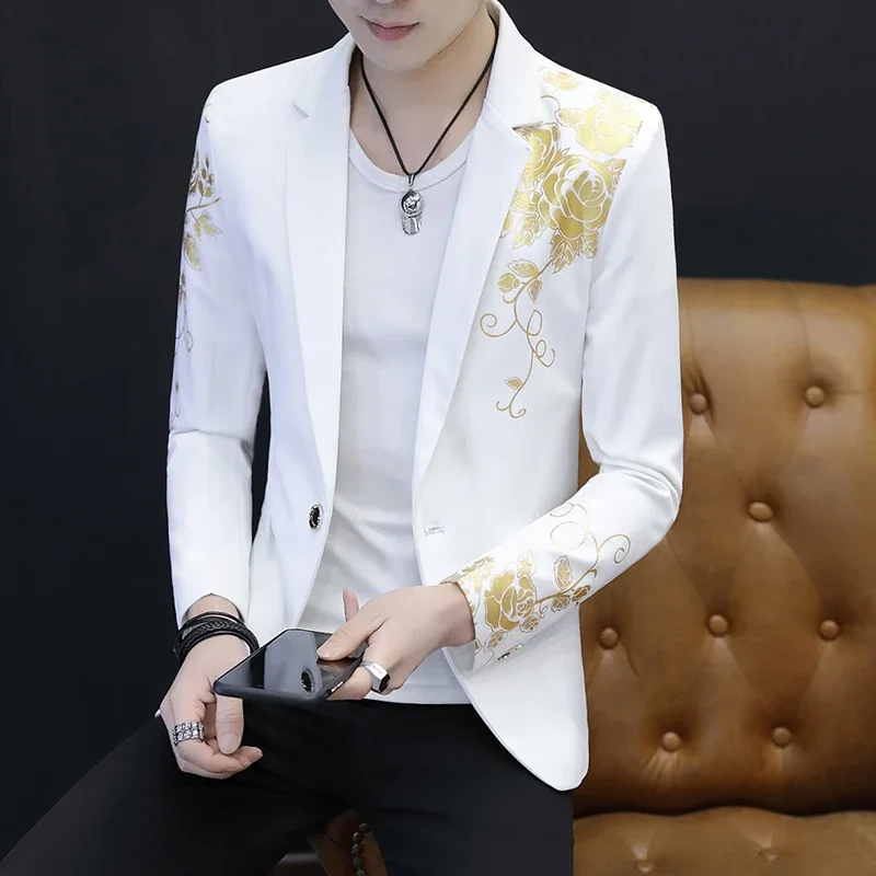 HOO casual stamping printing suit male personality Slim trend spring and autumn handsome youth