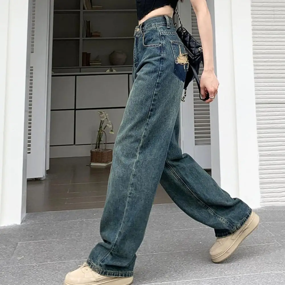 

Женские джинсовые брюки с завышенной талией, стильные широкие брюки из денима с высокой талией и рваными карманами, застежка-молния на пуговицах