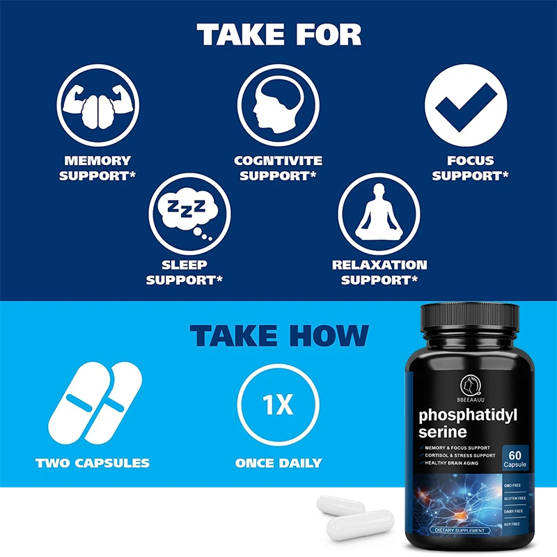 BBEEAAUU Phosphatidylserine Capsules Support Brain Health Aging Cortisol Stress Memory Focus