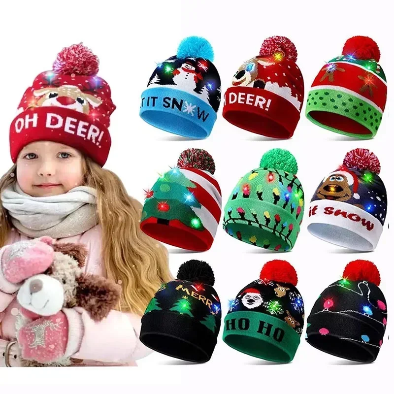 Christmas Hats Sweater Santa Elk Knitted Beanie Hat With LED Light Up Cartoon Patteren Christmas Gift For Kids New Year Supplies