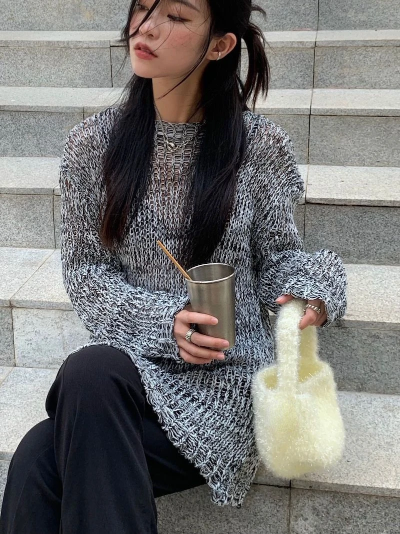 KOSAHIKI Y2k Aesthetic Pullover Harajuku Gothic Knitted See