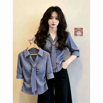 Camicetta Elegante a Collo Alto con Lacci, Manica Corta, Slim Fit, a Righe, Estiva, Versatile, con Bottoni, Stile Vintage, Tendenza Coreana, Abbigliamento Femminile
