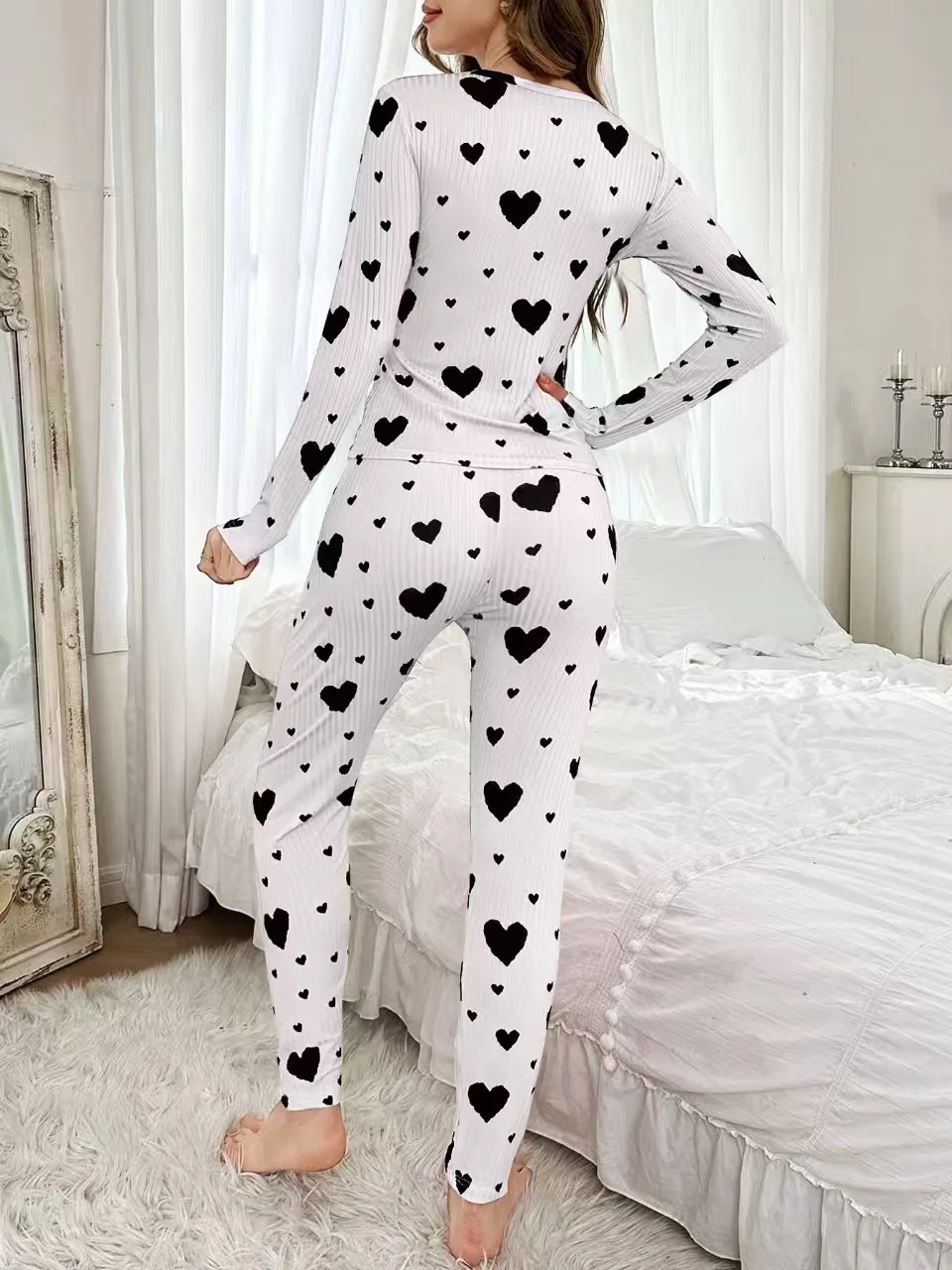 Women's Autumn Winter Pyjama Set, Heart Print Long Sleeve T-shirt and Long Pants Set Loungewear Female Sleepwear