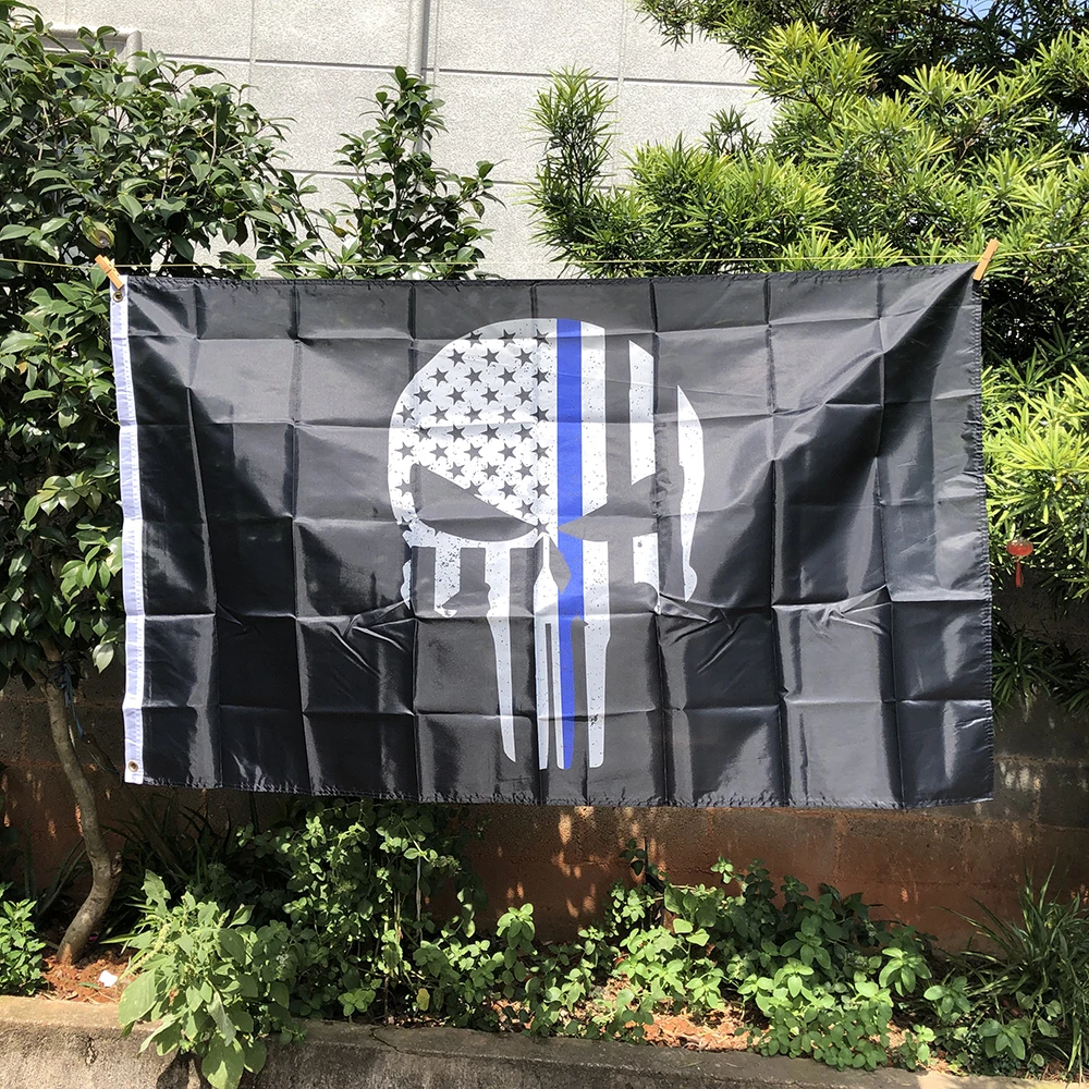 Z-One Bandiera 90X150Cm Punisher Teschio Polizia Sottile Linea Blu Bandiera Americana 3Ft X 5Ft Poliestere Appeso Decorazione Banner