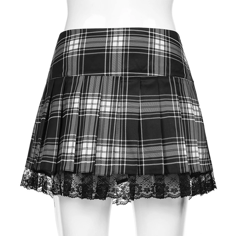 

Women Gothic Lace Ruffle Short Skirts Grunge Plaid Pleated Skirt Streetwear