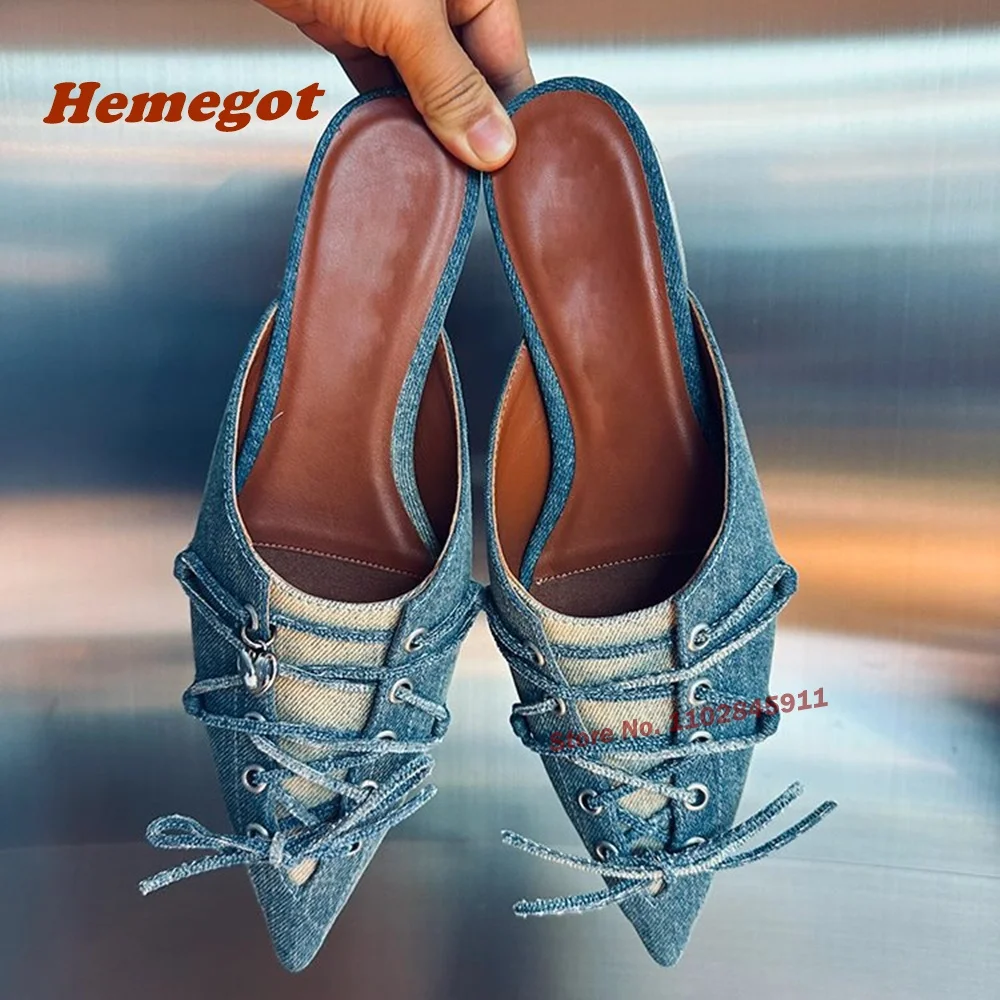 

Denim Pointy Toe Slippers Lace Up Knot Flat Mules Slip On Blue New Design 2024 Summer Casual Shoes for Women Outside Luxury Pump