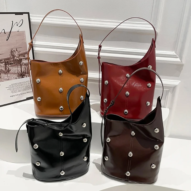 Punk Style Embellished Double-Faced Round Rivet Inlaid Niche Luxury Bucket Bag Chic Lady Underarm Large Capacity Shoulder Bag