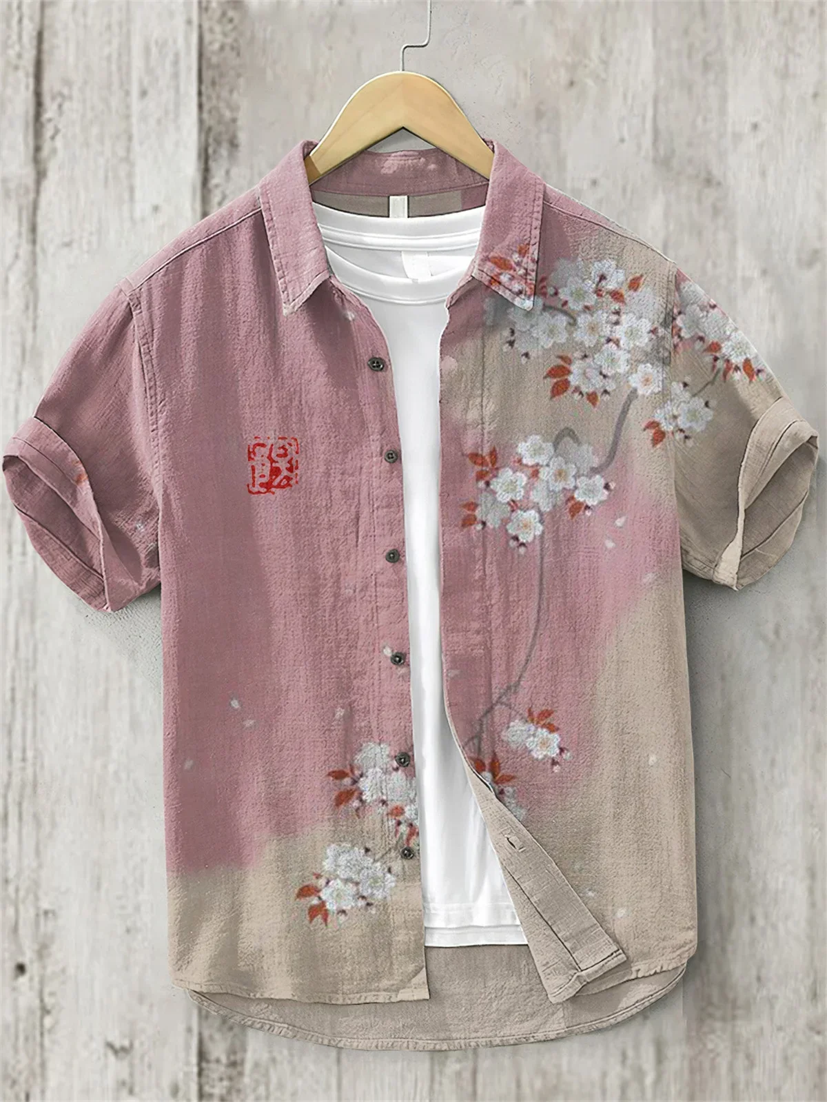 3D Printing Hawaiian Style Short Sleeve Shirt, Japanese Art Linen, Comfortable Loose Casual Flip Collar Shirt, Plum Blossom 3