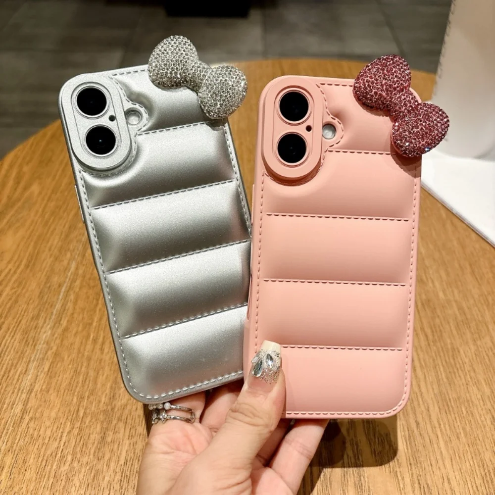 Luxury and Fashionable Diamond Bow Soft Down Jacket Phone Case