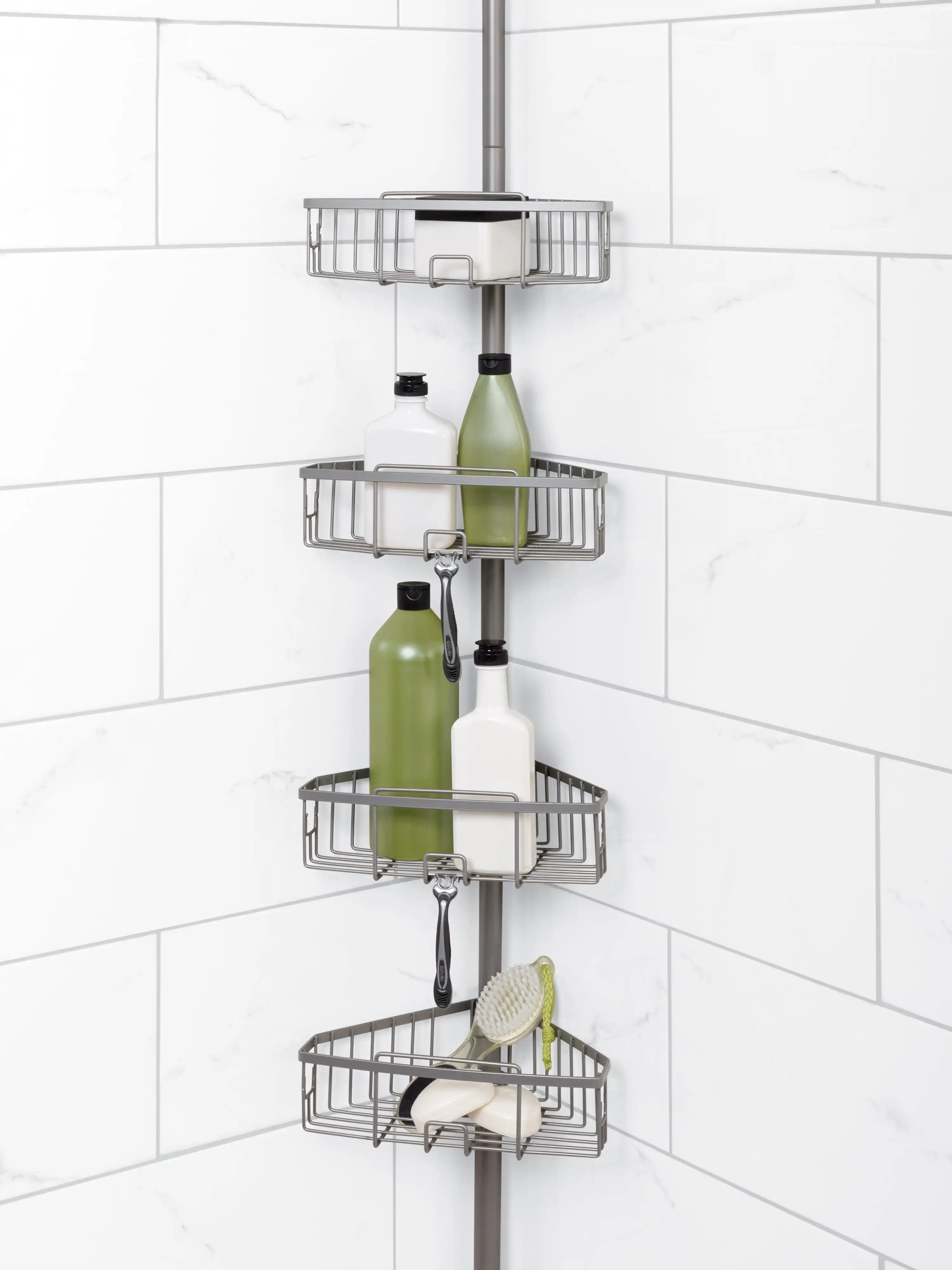 

Satin Nickel Shower Caddy with 4 Basket Shelves, Zenna Home Tension Pole