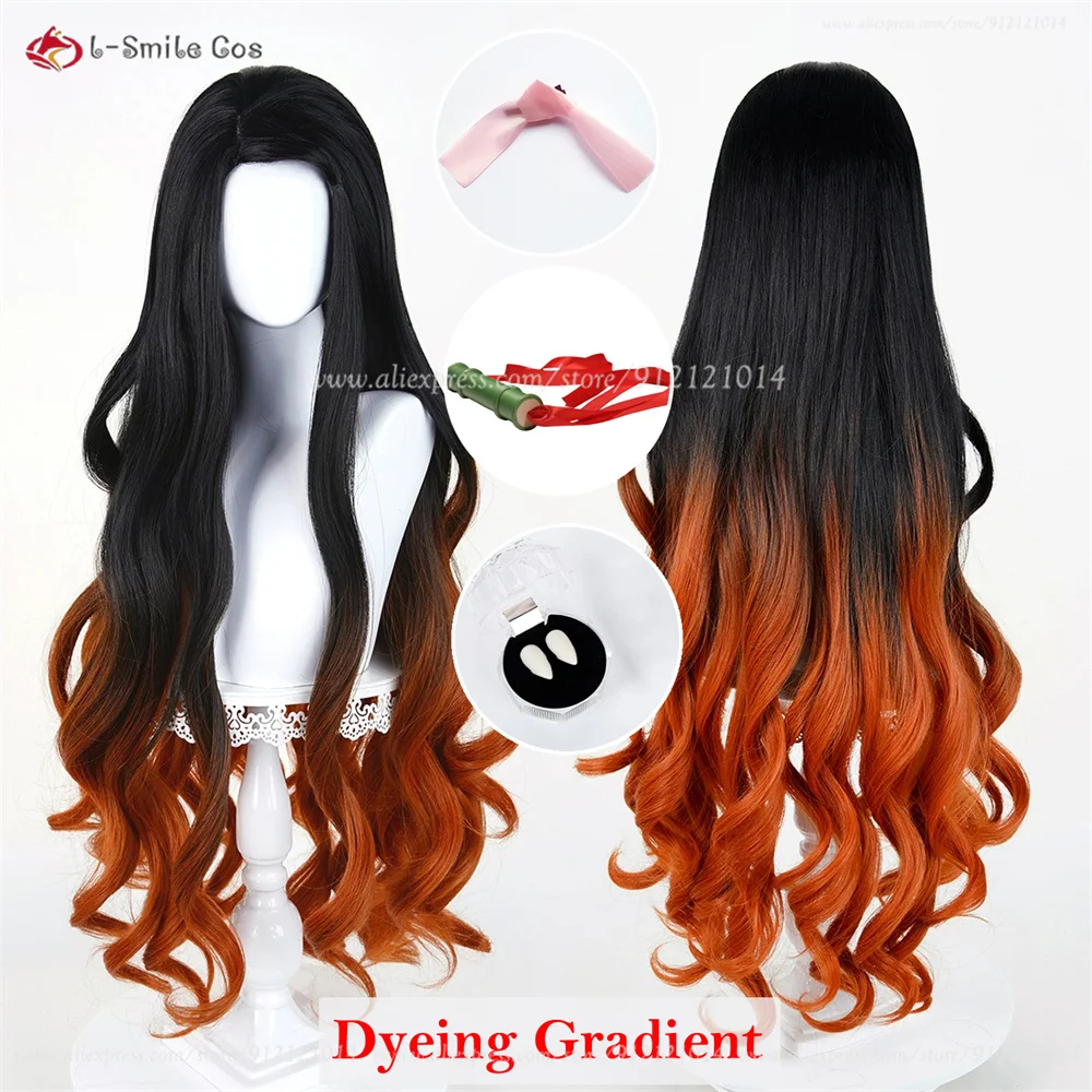 Kamado Nezuko Cosplay Perücke 100cm Gradient Curly Heat Resistant Synthetik Haar Anime Halloween 3