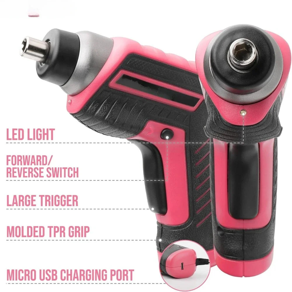35pc Pink tool kit with 3.6V USB Electric Screwdriver and drill set. Complete women tool set pelican case toolbox 3