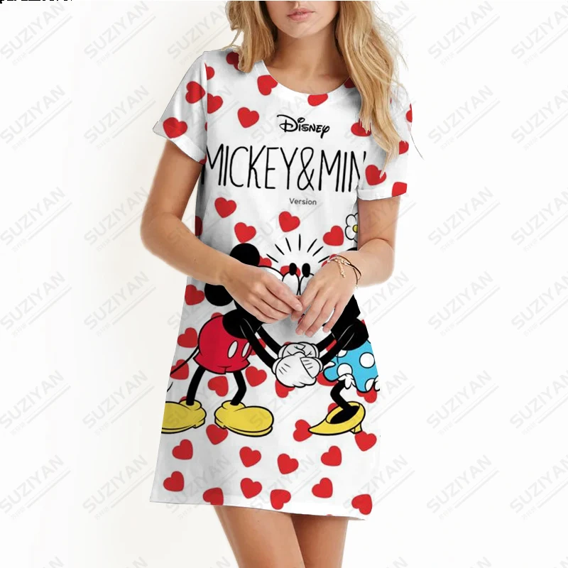 

2023 Summer New Sun Dress Minnie Mickey Mouse 3D Print Elegant Disney Women's Casual Loose Size Home Dress Loose A-line Dress