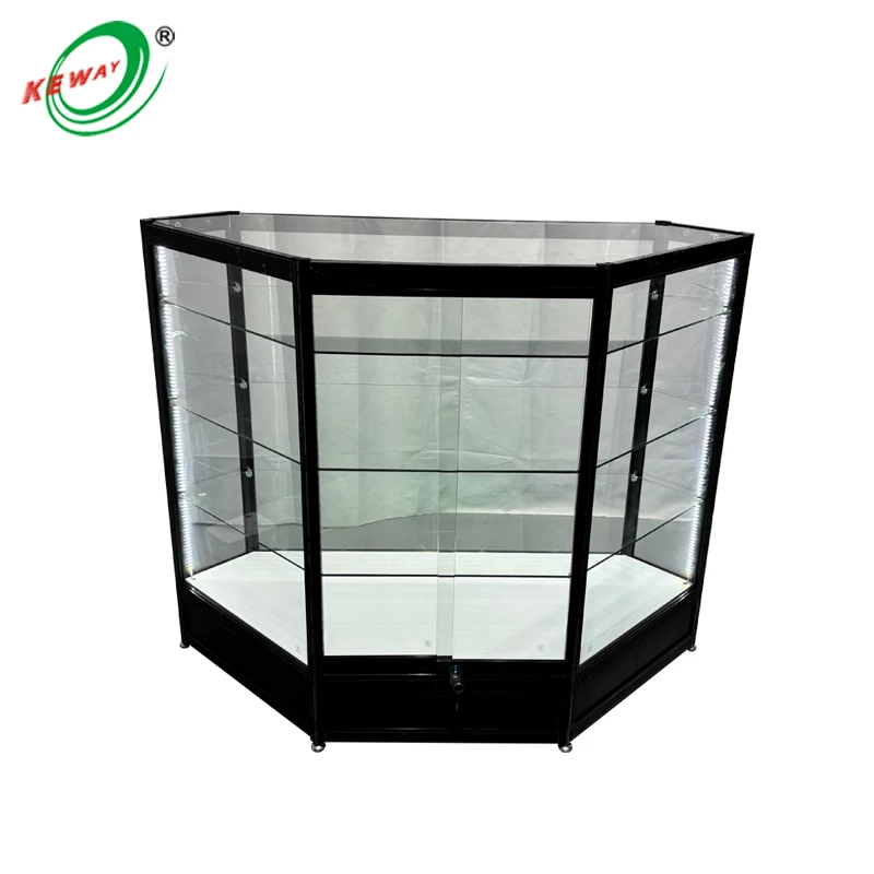 맞춤형 LED 알루미늄 프레임 코너 쇼케이스 강화유리 및 컬러 조명 포함 담배 및 보석 상점용