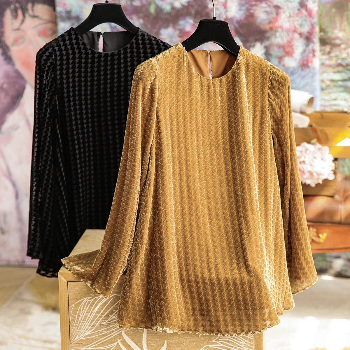 

High-end Silk Velvet Blouse Thousand Bird Check Jacquard Dance Sleeve Shirt Female 2023 Fall Slightly Transparent Blouse Formal