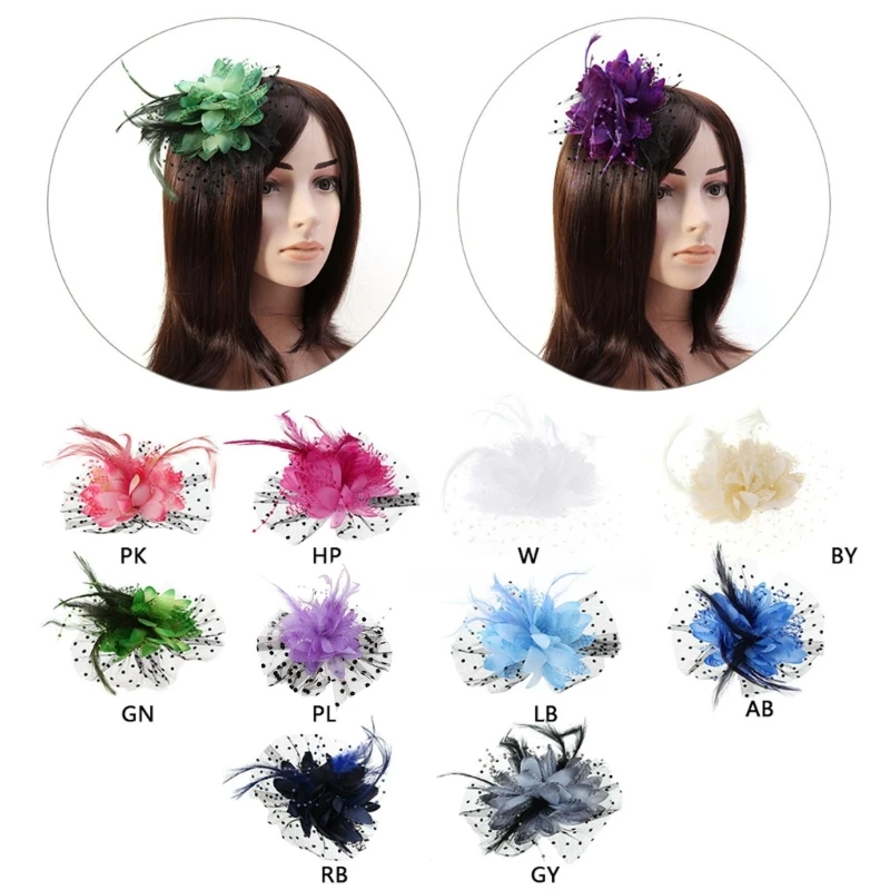 Hair Accessories Fashion Sexy Women Mesh Fascinator Cocktail Tea Party Hat Wedding Church Hair Clip with Feather Flower
