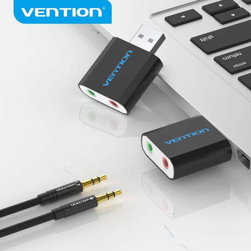 Vention USB to 3.5mm Jack Audio Adapter Stereo External USB Sound Card Adapter Headset Microphone 2 in 1 Aux Jack for Windows Laptops Stereo Speakers Black PS4 Mac Pro 