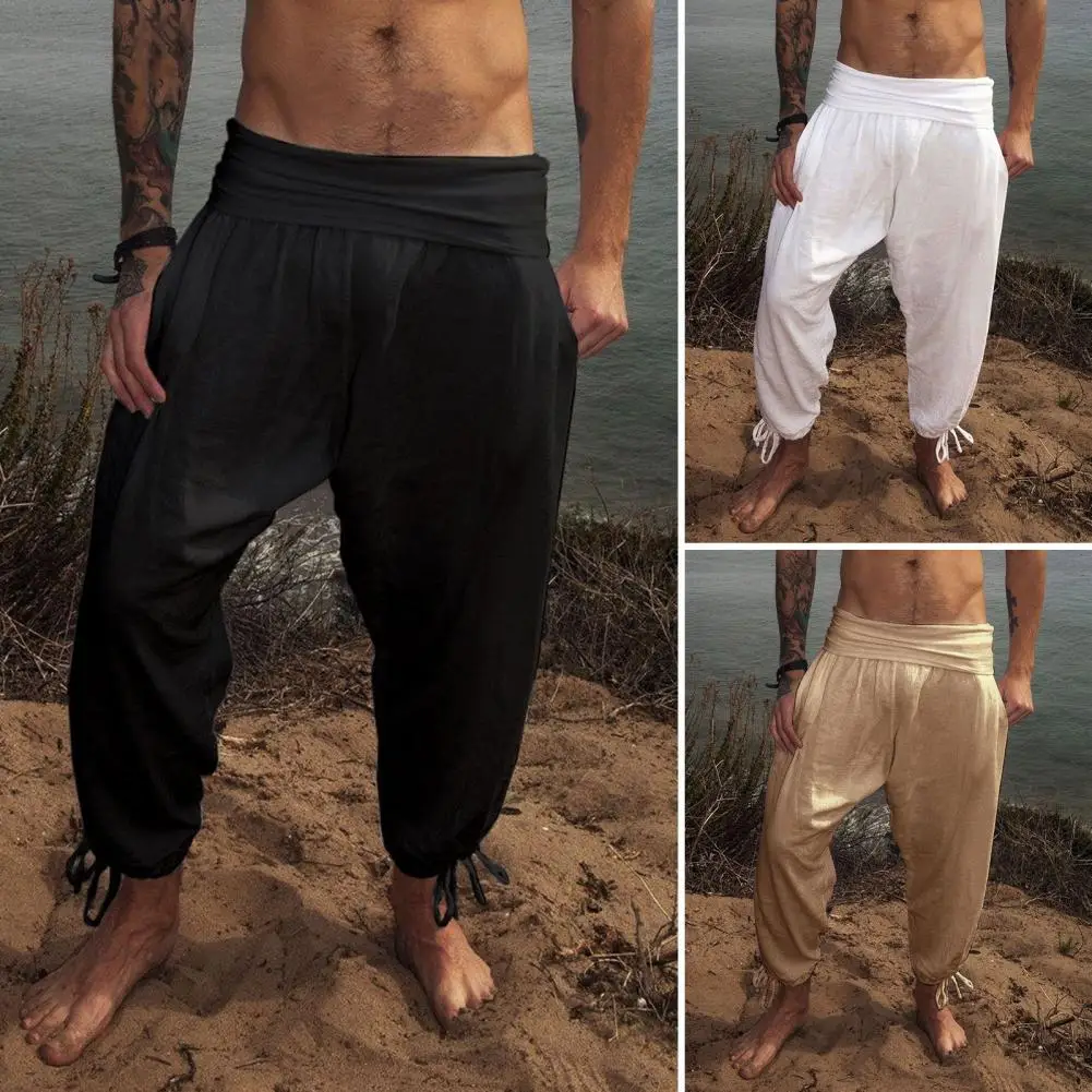 

Relaxed Fit Pants Vintage Solid Color Men's Pants with Wide Waistband Ankle-banded Design Breathable Soft Casual for Beach