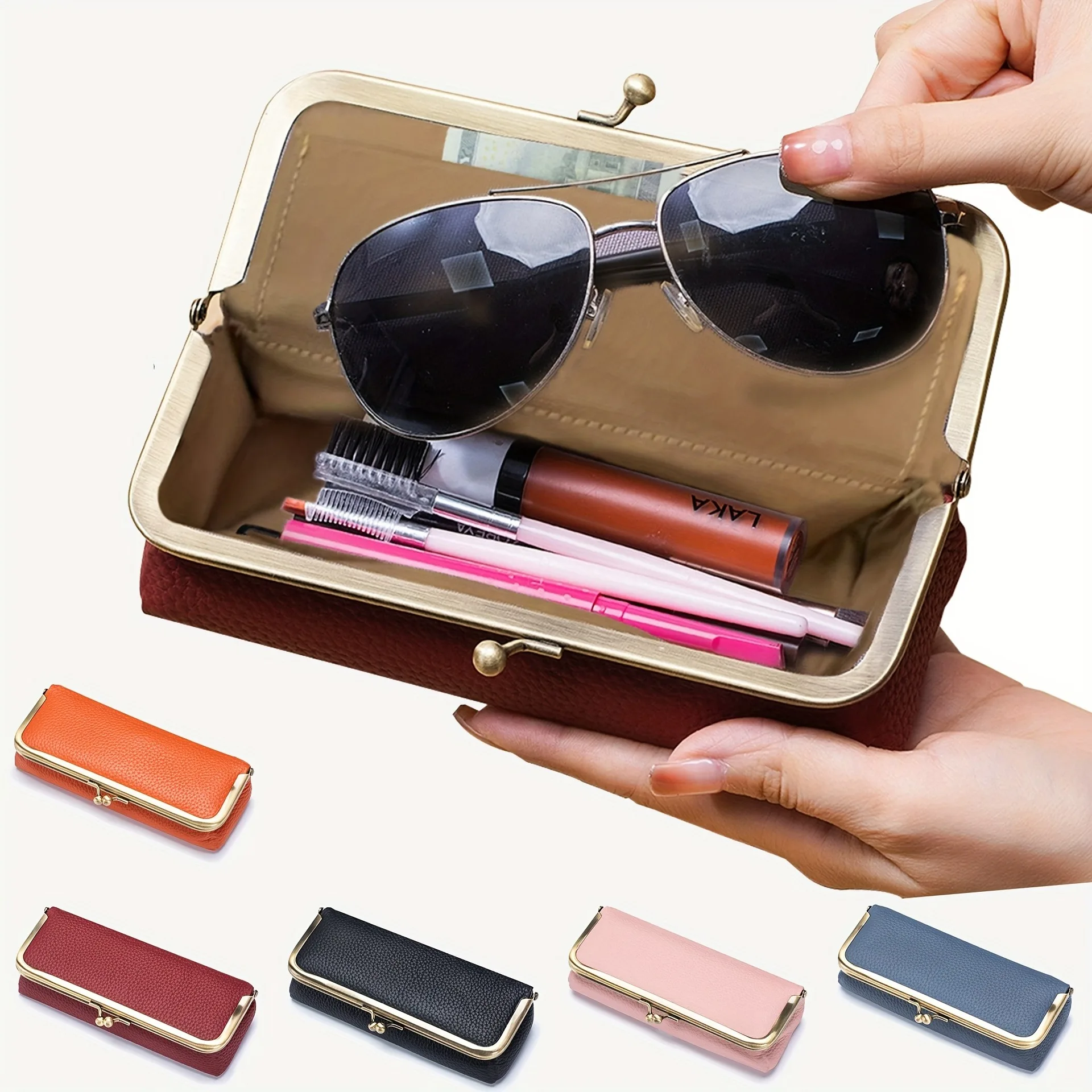 Elegant Vintage-Style Glasses Case - Lightweight Faux Leather Storage Box with Kiss Lock Closure