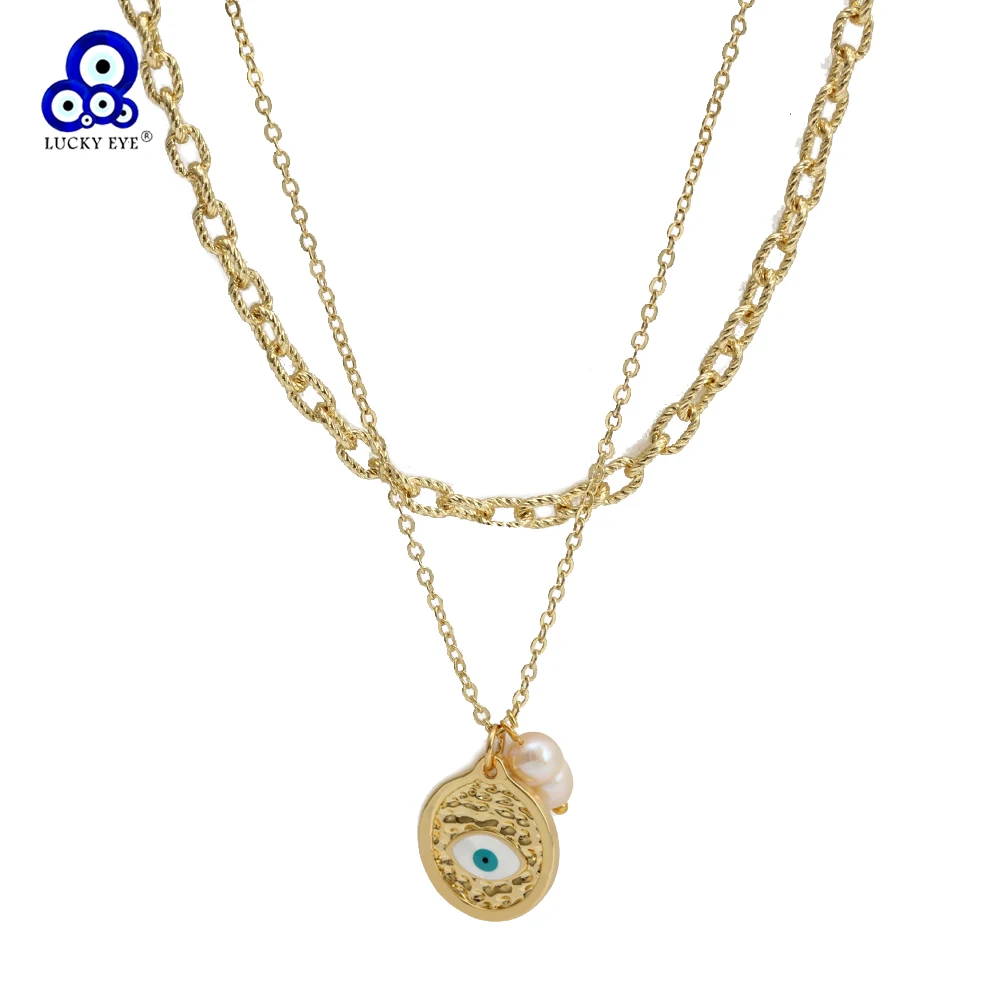 Lucky Eye Copper Double Layer Link Chain Pearl Necklace Sqaure Round