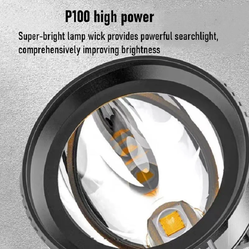 슈퍼 브라이트 LED 손전등 고출력 롱 샷 토치, USB 충전식 휴대용 서치라이트, 야외 스포트라이트 캠핑 램프, P100