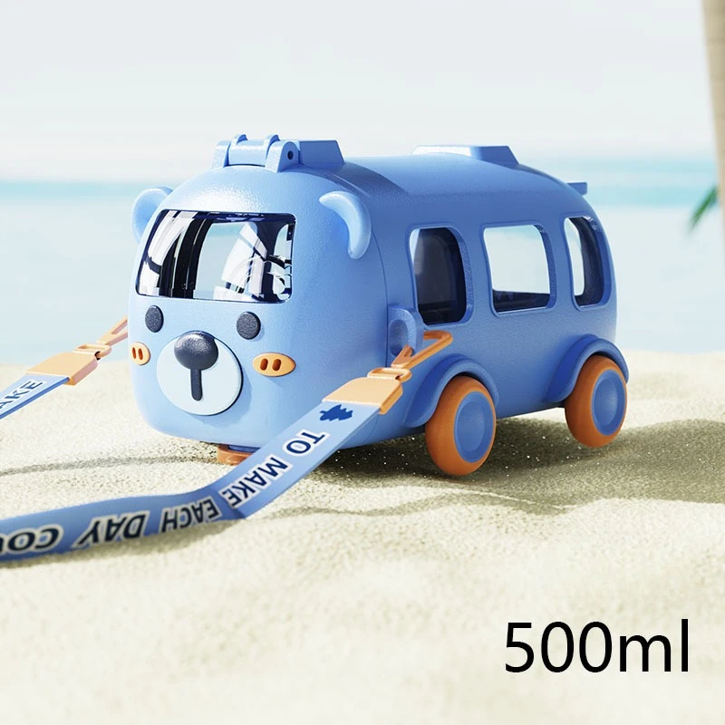 500ml Cute Bear Portable Water Bottle With Shoulder Strap for Kids Car Straw Cup Bus Shape Children's Drinking Cup water bottle