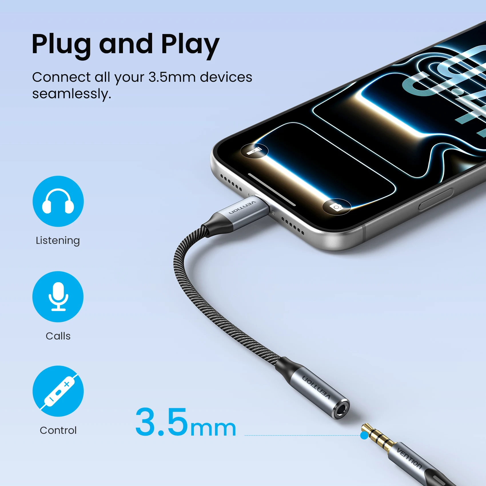 벤션 USB 타입 C - 3.5mm 이어폰 어댑터 잭 헤드폰 USB C 케이블 Aux 오디오 케이블 어댑터 (아이폰 17, 16, 삼성 S24 호환)