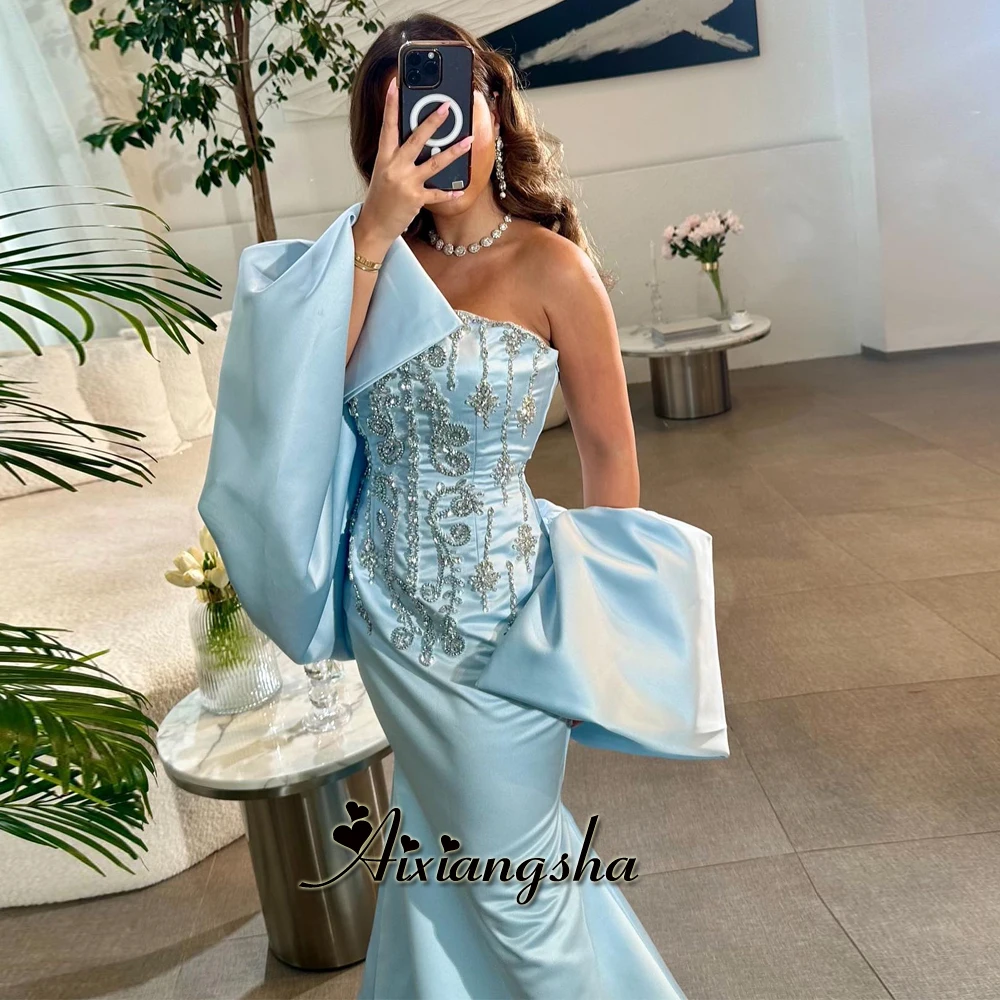

Aixiangsha Gorgeous Prom Dress for Women Flare Sleeves Strapless Trumpet Rhinestones Chapel Train Robes De Soiree Drop Shipping