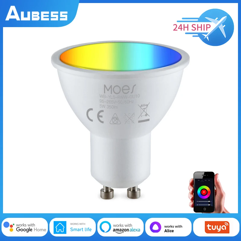 Moes GU10 와이파이 스마트 라이트 LED 전구, 5W RGBCW 조도 조절 램프, 투야 스마트 라이프 앱 제어, 알렉사 구글 홈 지원