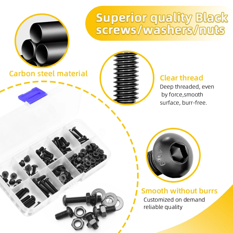 High Tensile 10.9 Grade Black Round Head Allen Bolts Set M4 M5 M6 Hex Screws, Nuts, Washers Kit for Heavy Duty DIY Projects