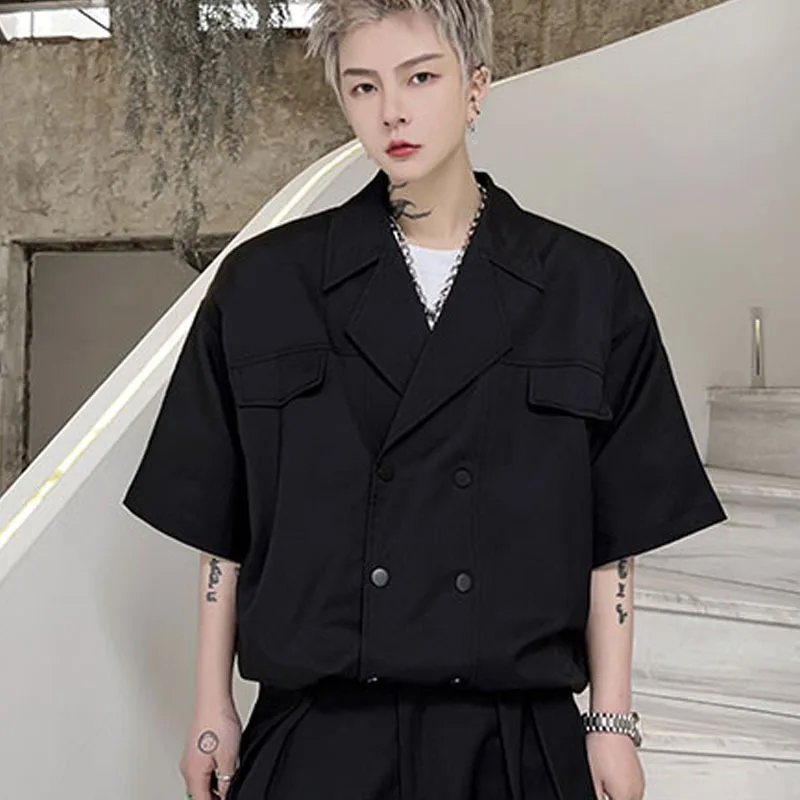 

Large Suit Collar Double Breasted Short Sleeve Shirt Summer Large Fashion Urban Youth Black Simple Versatile Top
