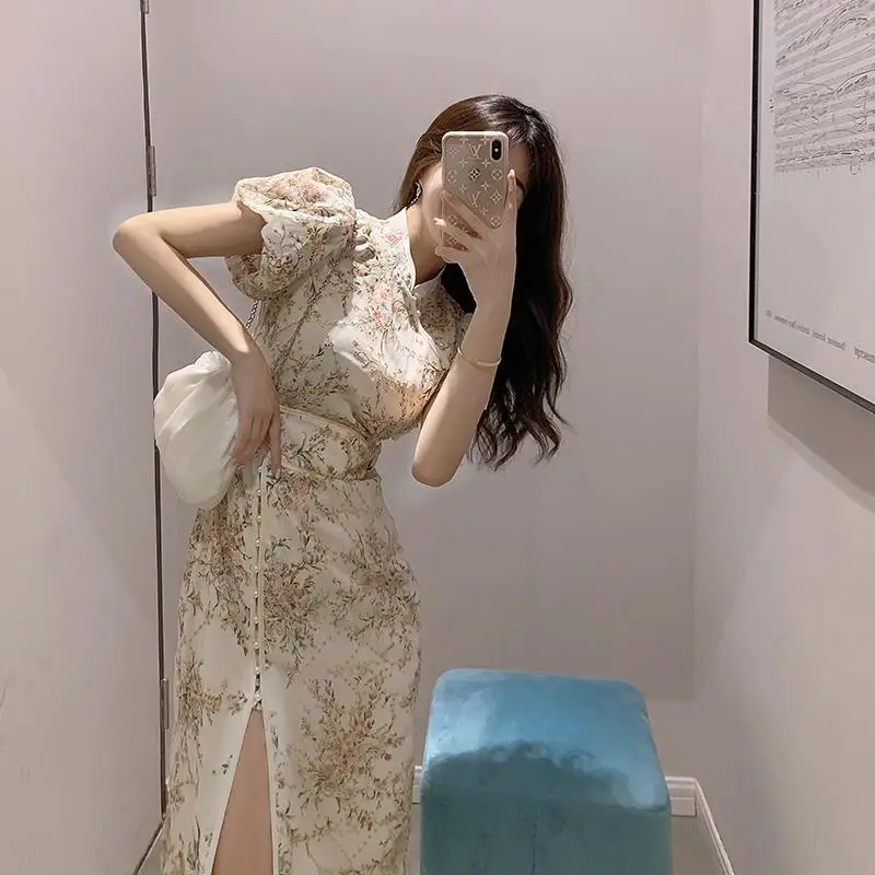 

Vintage Floral Dress Women Puff Sleeve Split Design Midi Dress Female Korean One-piece Dress Summer Women's Clothing 2023