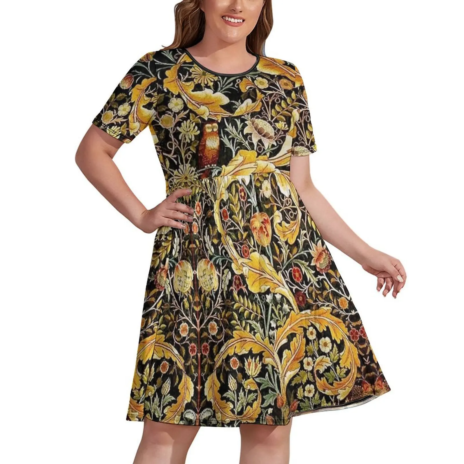 

OWL ON ACANTHUS LEAVES AND FLOWERS Yellow Brown Floral Dress luxury dress luxury woman evening dress loose women's