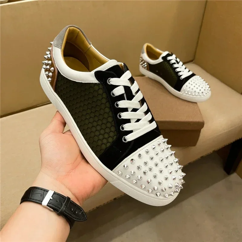

Designer Luxury Men's Shoes Rivet Color Matching Red Soled Net Shoes Casual Flat Soled Nightclub