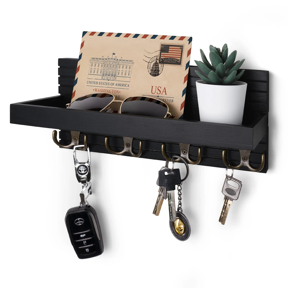 Rustic Wooden Wall-Mounted Key & Mail Organizer – Entryway Rack with 4 Hooks for Keys and Sunglasses 8