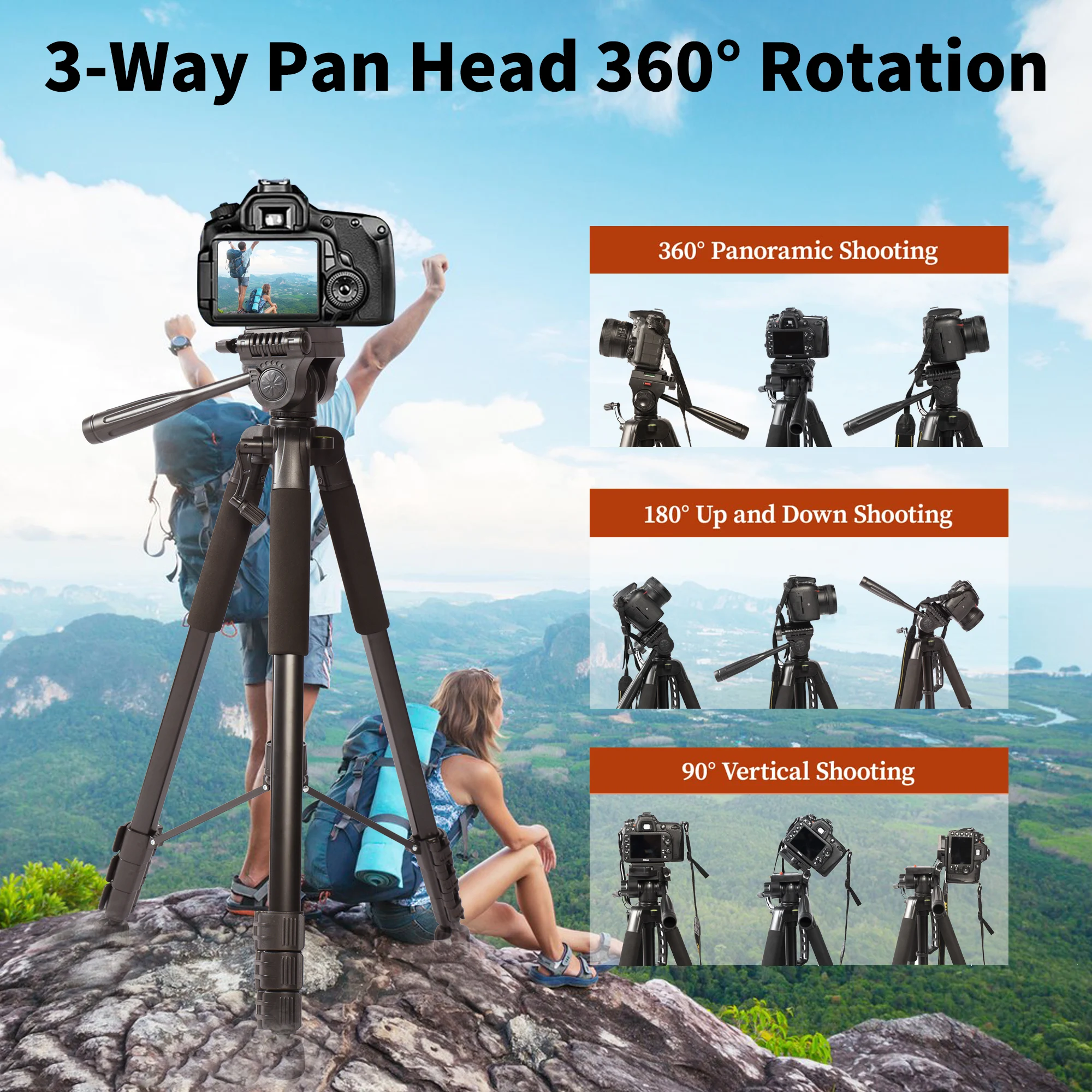 200cm 79in 높이 헤비 듀티 카메라 삼각대 스탠드 삼각대, 휴대용 전문 알루미늄, 팬 헤드 포함, DSLR 폰 링 라이트 용