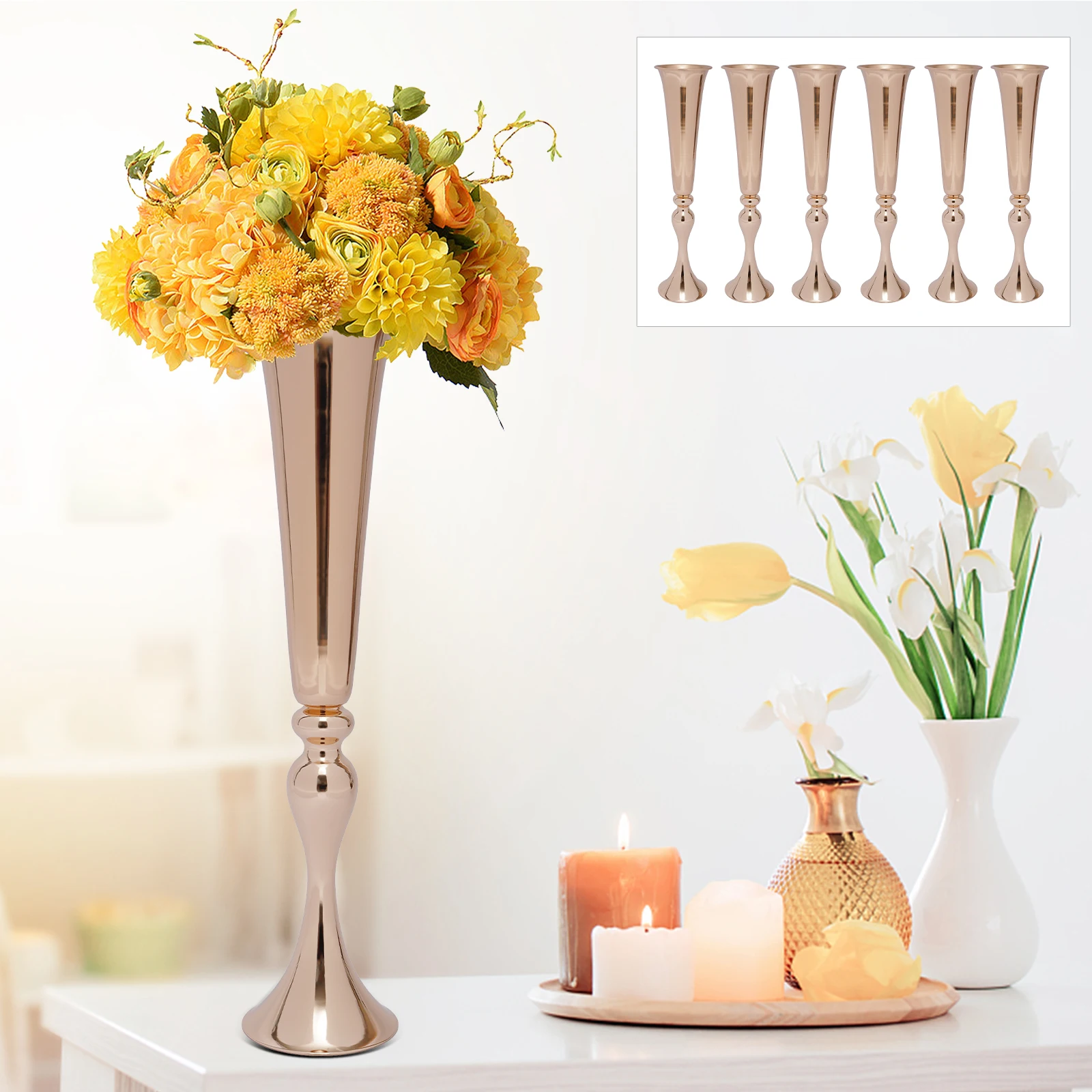 

6 Pcs Desktop Gold Metal Desktop Trumpet Vases Flower Holder Luxury Flared Bottle Vase Centerpiece for Wedding Anniversary Party