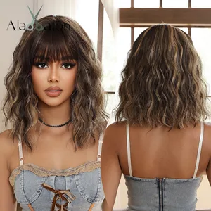 ALAN EATON Short Brown Highlight Curly Wigs for Women Synthetic Bob Wig with Bangs Heat Resistant Brown Wigs Natural Daily Hair