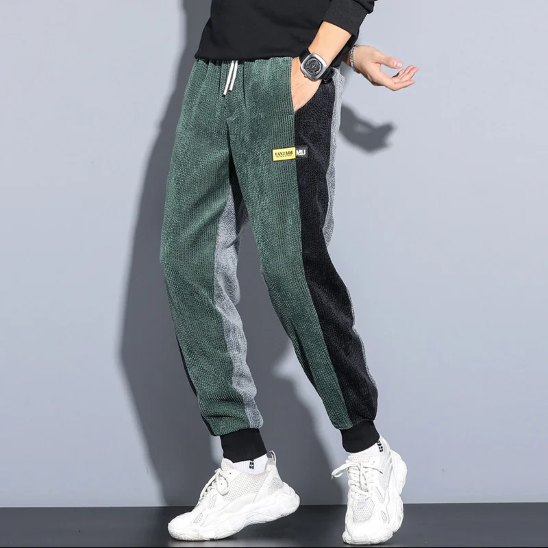 2023 New Men's Clothing Trousers Mid Waist Loose Drawstringharem Autumn Corduroy Thick Fashion Casual Contrast Color Pants