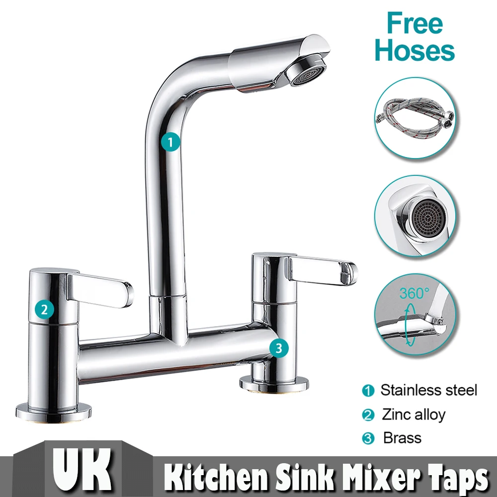 Brass Luxury Kitchen Tap Dual Handle Hot Cold Water Mixer